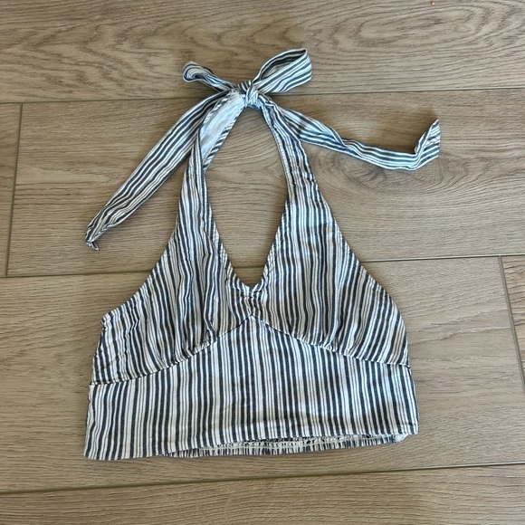 American Eagle Outfitters Grey and White Striped Linen Halter Neck Tank Small - Picture 2 of 4